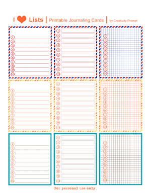 Free lists printable Journaling cards